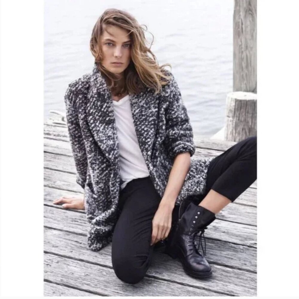 MNG Casual Women's Woolen Coat Pockets Textured Knit Black & White XS Mob Wife